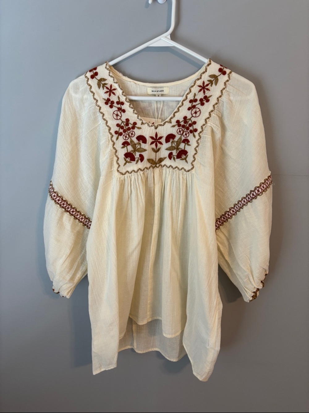 Max Studio Cream Peasant Tunic with Red and Olive Embroidery
